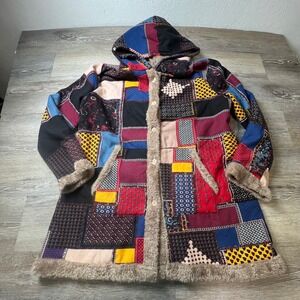 Patchwork Hooded Coat Women L Multi Color Faux Fur Trim Boho Jacket